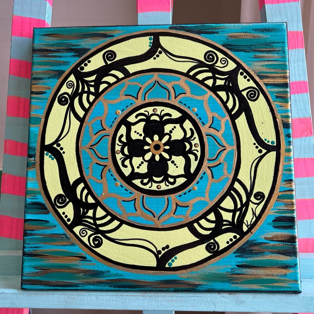Teal & Gold Acrylic Mandala Painting Art Home Decor OOAK 🖤🌠